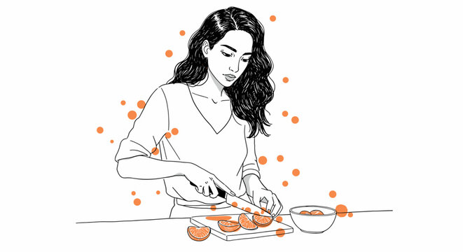 Minimal line art of woman slicing oranges for healthy eating blogs and lifestyle magazines

