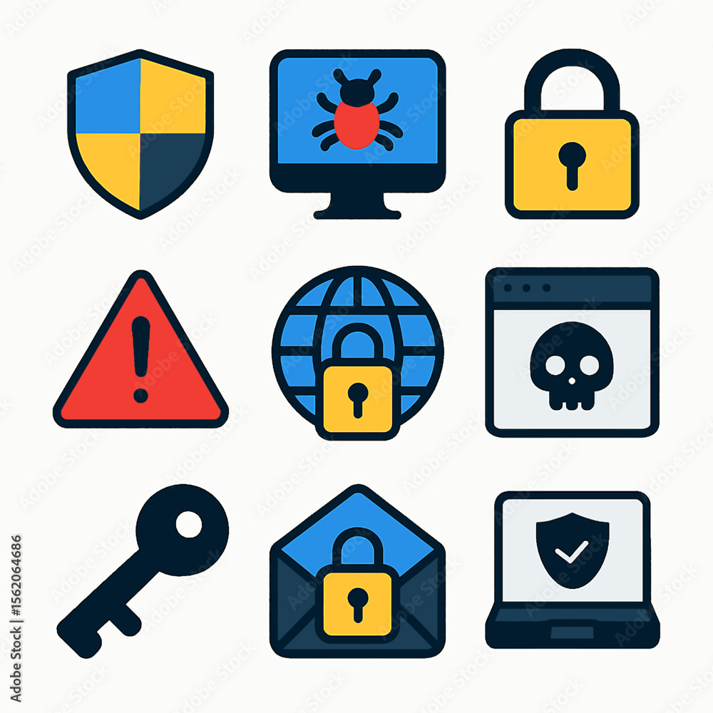 Poster cybersecurity icons set showing shield, bug, padlock, warning, skull and key elements