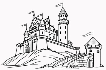 Fototapeta premium coloring page, a magnificent fantasy kingdom castle on a hill, with tall towers, flags, and a drawbridge, detailed architectural line art, wide angle view, black and white illustration, white backgro