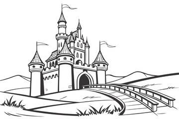 coloring page, a magnificent fantasy kingdom castle on a hill, with tall towers, flags, and a drawbridge, detailed architectural line art, wide angle view, black and white illustration, white backgro