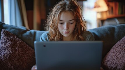 A young girl with long, wavy hair, wearing a gray sweater, is sitting on a gray couch with a purple pillow, using a gray tablet computer.