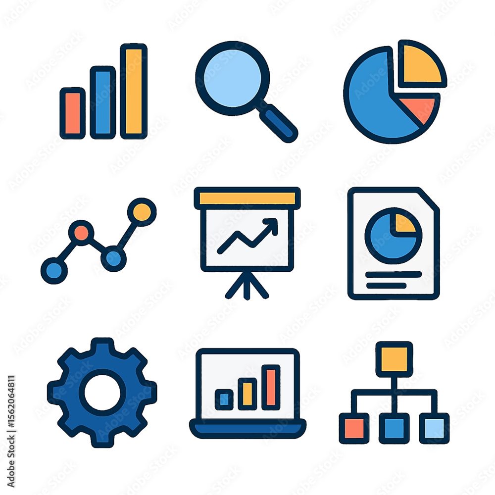 Poster data analysis and business intelligence icons set for data visualization and reporting