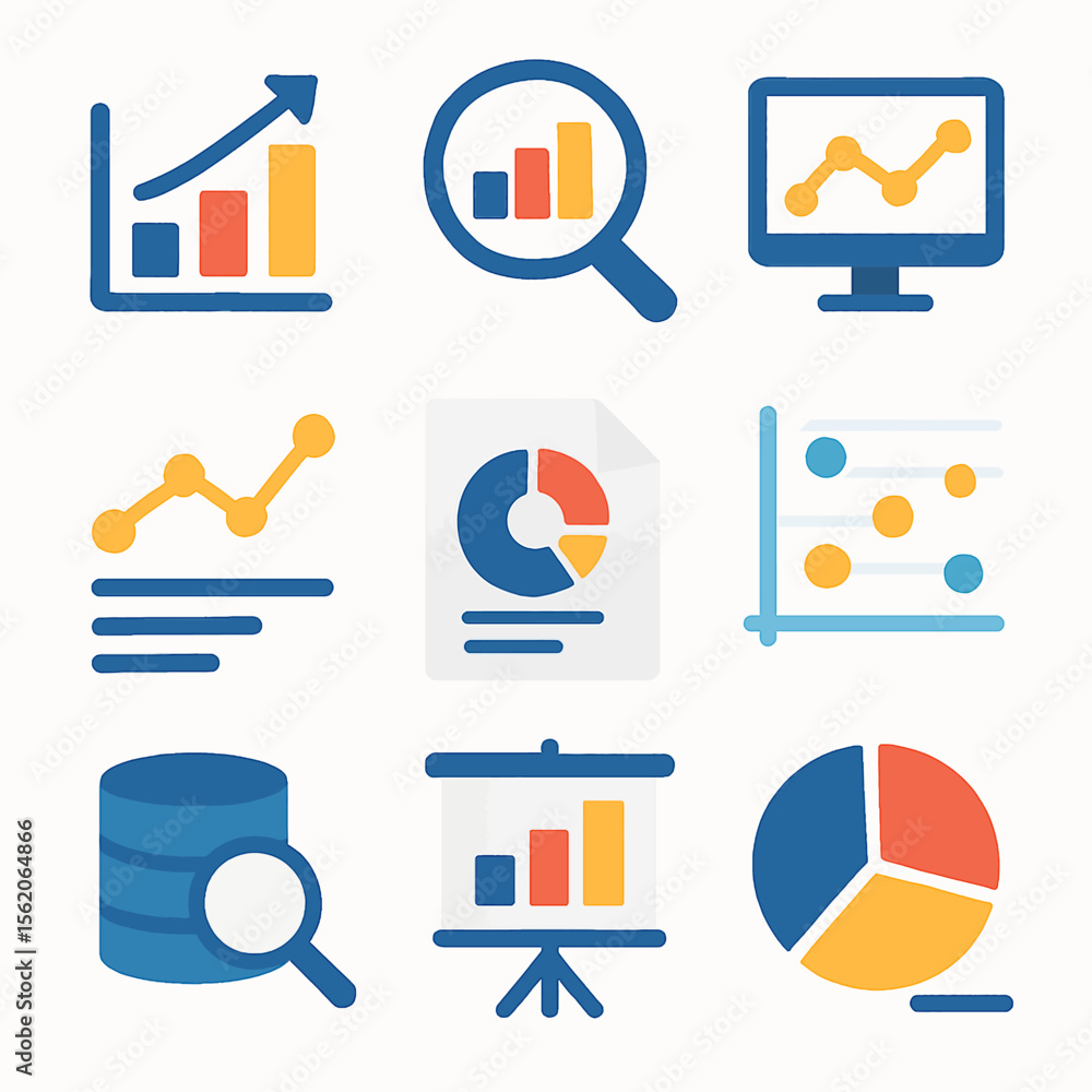 Poster data analysis and statistics icons representing various charts and graphs visuals
