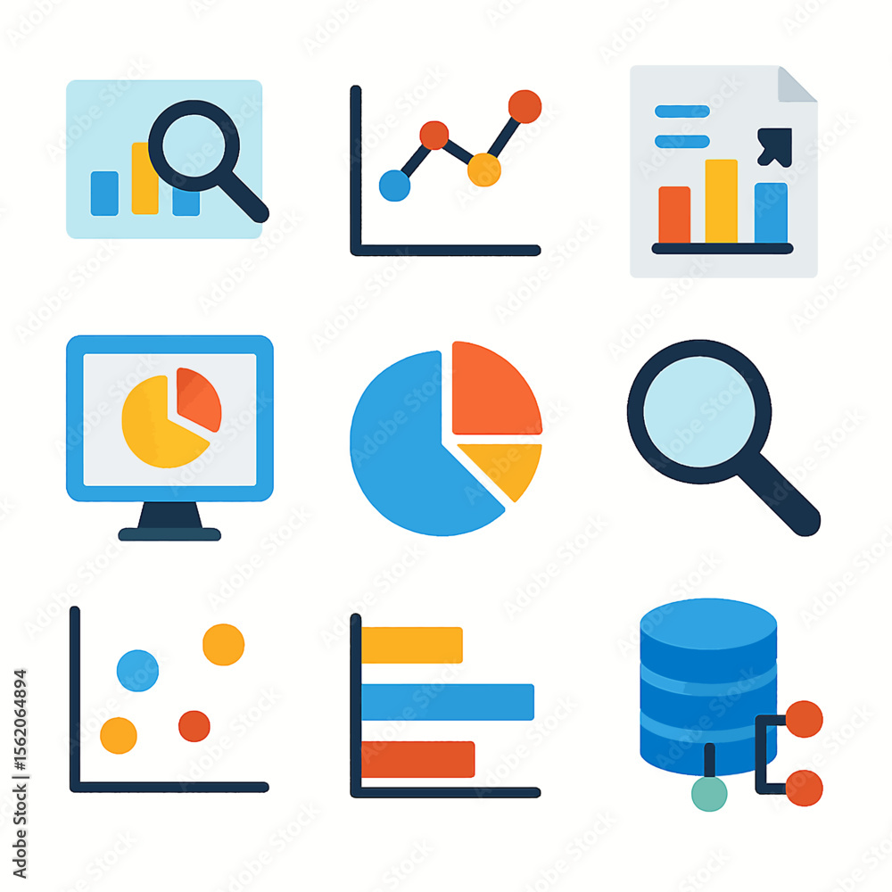 Poster data analysis and visualization icons featuring graphs, charts, and magnifying glass