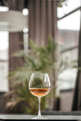 A single glass of amber wine stands elegantly on a dark table, with a softly blurred background of indoor greenery and warm light
