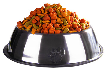 colored cat or dog kibble in a metal bowl isolated. Nutritious healthy diet pet food scattered...