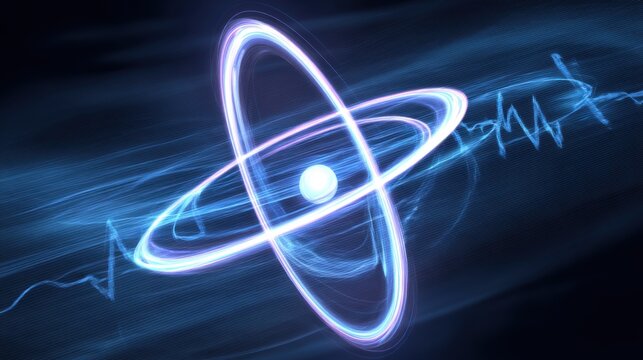 Futuristic atomic model with glowing nucleus, blue and purple electron orbits, dynamic light trails, dark blurred background, and wavy energy lines.