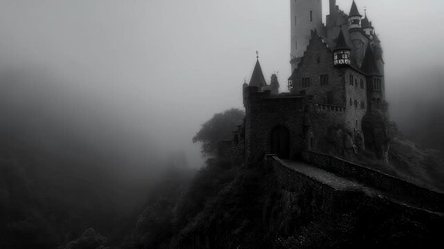 An otherworldly castle standing silently in an imtrable fog hanging in a void of nothingness subsisting in the dark and mysterious corners of the imagination