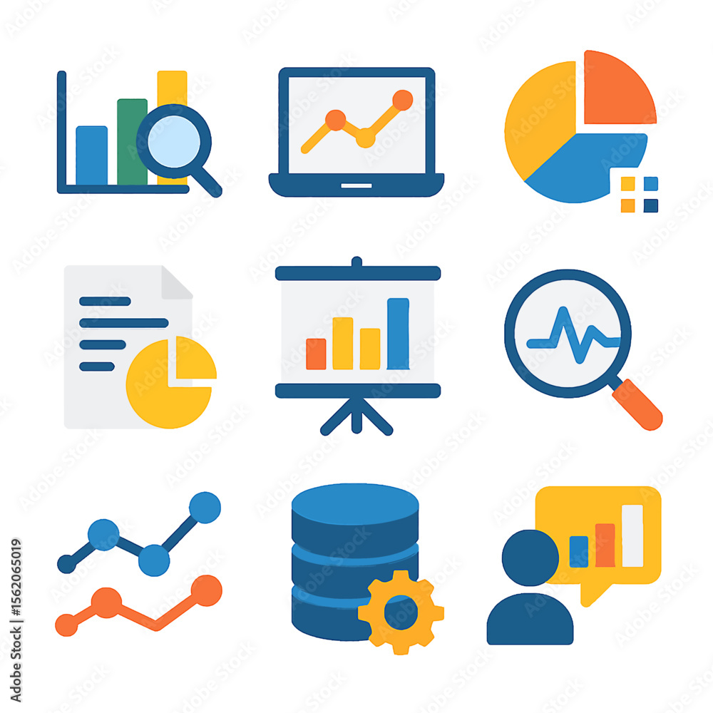 Poster data analysis icons displaying charts, graphs and database management process