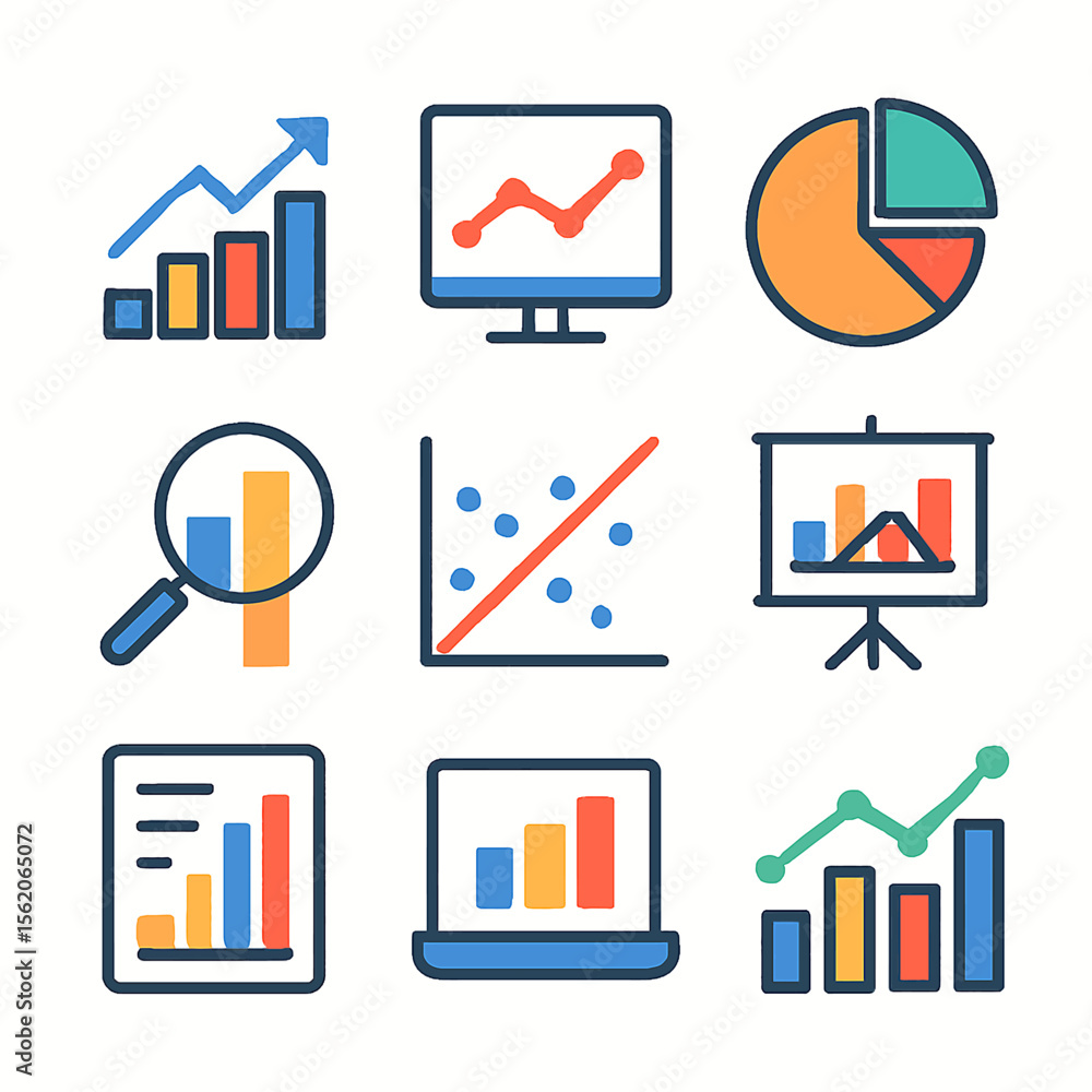 Poster data analysis icons set featuring graphs, charts and diagrams for presentation