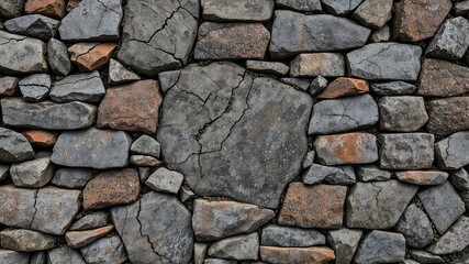 Fototapeta premium A Rough-Hewn Stone Wall Constructed with Gray and Brown Rocks of Irregular Shapes and Various Sizes
