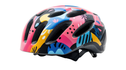 Children's bicycle helmet with colorful cartoon patterns Transparent background, PNG