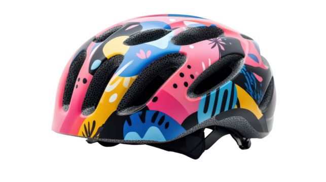 Children's bicycle helmet with colorful cartoon patterns Transparent background, PNG