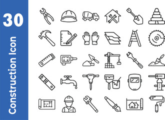 Set of 30 outline icons related to construction. This outline icon set includes helmet, hammer, wrench, crane, repair tools, builder, engineering and more. Editable stroke. Vector illustration