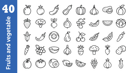 Naklejka premium Fruits and vegetable icon set. Containing apple, banana, orange, grape, strawberry, watermelon, tomato, cucumber, cauliflower, eggplant, radish, mushroom, and more. Vector illustration