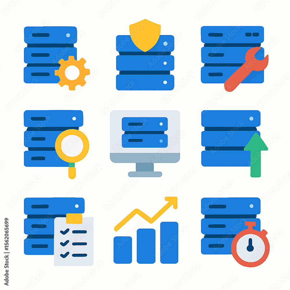 Poster data management and server administration illustrated icons set for web and app design