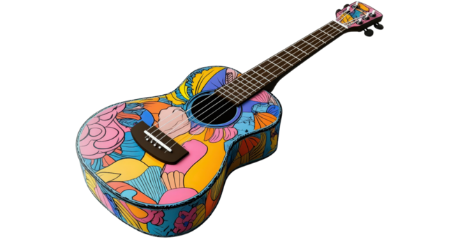 Children's mini acoustic guitar with colorful cartoon print Transparent background, PNG
