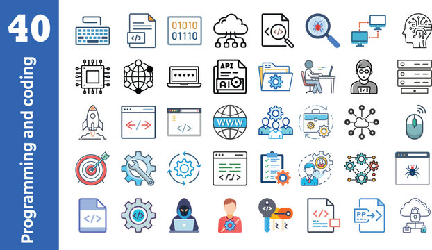 Programming and coding icon set. Software development icon collection. Contains such Icons as code, api, programmer, developer, information technology, coder and more
