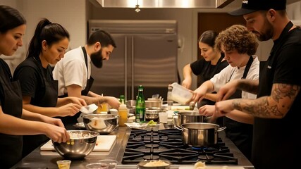 Team of chefs working in a professional kitchen
