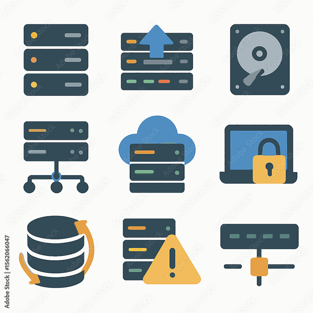 Poster data storage and network technology vector icons depicting computer servers and hardware