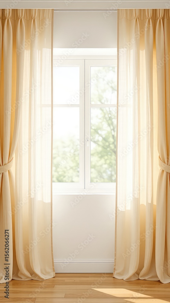 Poster elegant window dressed with flowing pale linen curtains allowing light to illuminate the wood floor 