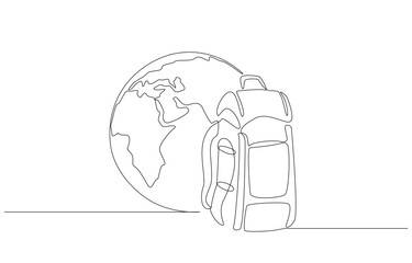 Continuous one line drawing of travel backpack and earth globe, backpacker and travel arond the world concept, single line art