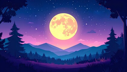 cartoon illustration of landscape with moon and stars over the mountains