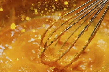 Whisk mixing bright yellow egg yolk with vibrant splashes and glittering effects