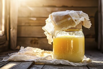 Rustic glass jar of fresh honey with sunlit cloth in wooden cottage setting