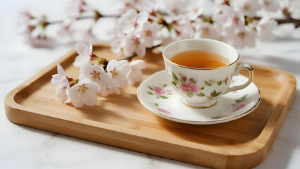 Fototapeta premium Cherry Blossom Tea Moment on Wooden Tray