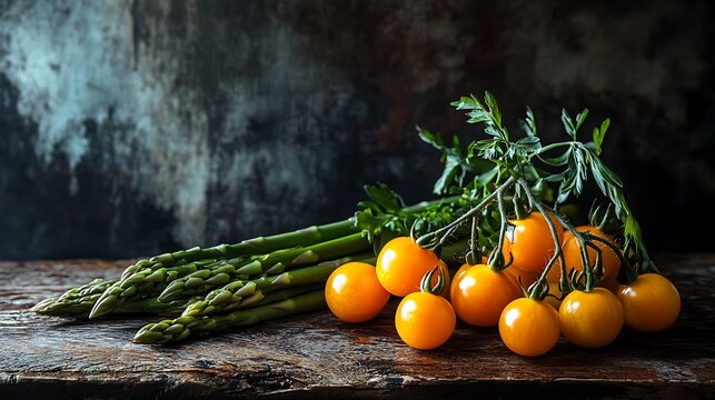 Fresh Asparagus Spears and Yellow Cherry Tomatoes on a Rustic Wooden Surface, Moody Lighting