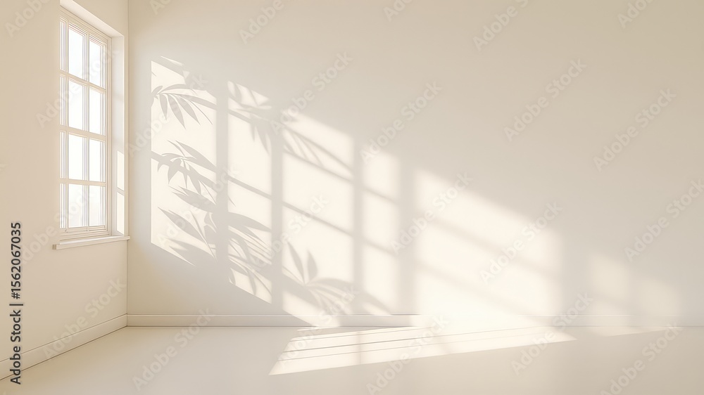 Aufkleber minimalist empty interior space with sunlight casting leaf shadow patterns through a window onto a s