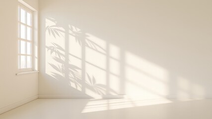 Obraz premium Minimalist empty interior space with sunlight casting leaf shadow patterns through a window onto a simple wall