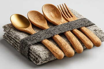 Eco-Friendly Wooden Cutlery Set and Napkin Mockup on White Background – Sustainable Tableware Design