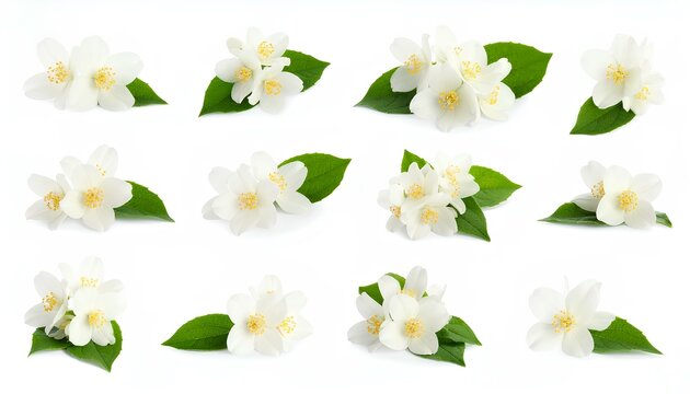 collage of jasmine flowers on white background