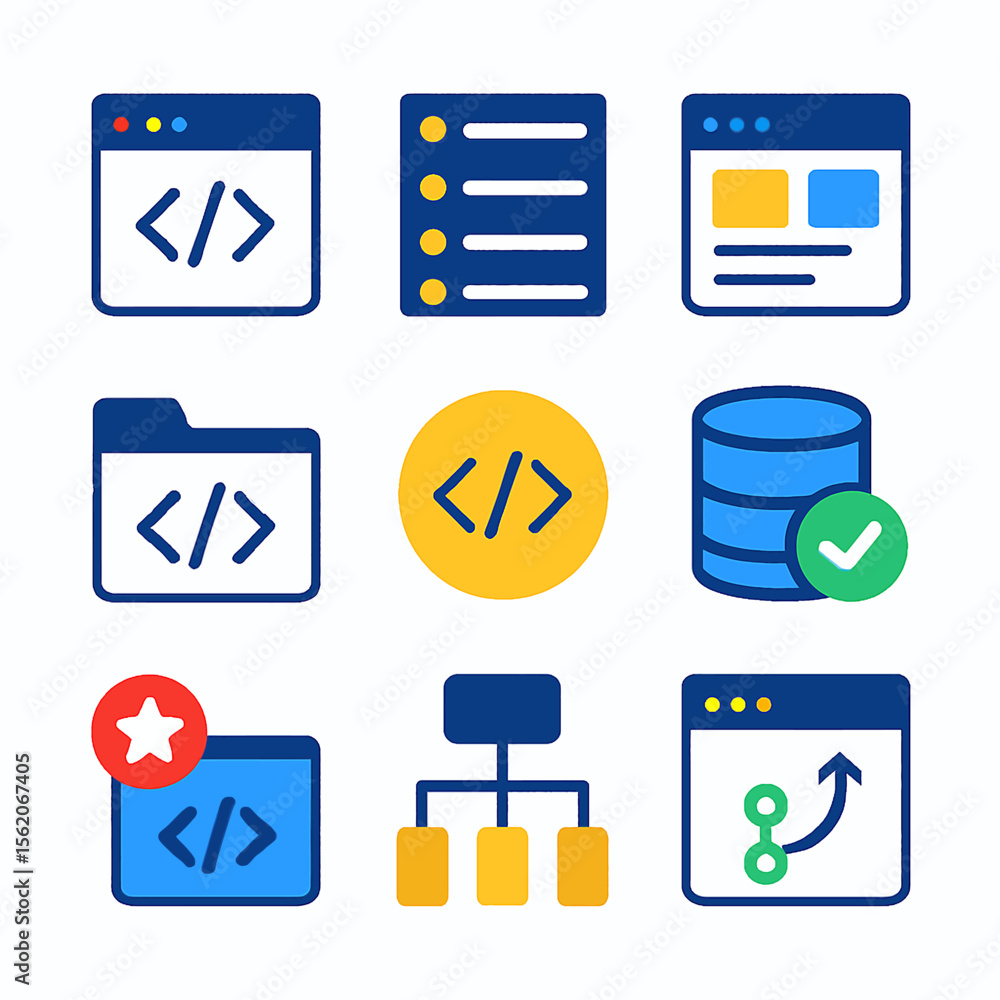 Poster development icons featuring code, database, flowchart, and website elements in a vibrant design