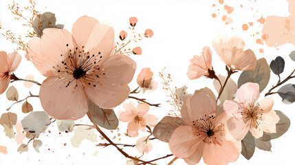 Delicate peach blossoms and leaves arranged in a gentle watercolor illustration, blooming on branches with artistic splatters, expressing soft, romantic elegance on a white background