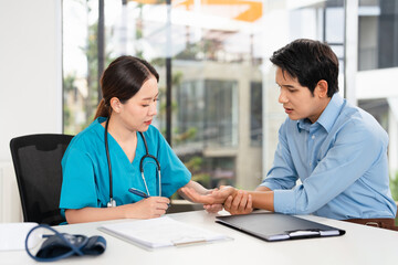 Obraz premium Medical, shoulder pain and a man with doctor in the hospital, talking during a consultation. Healthcare, insurance or anatomy . a patient in a clinic with a medicine professional