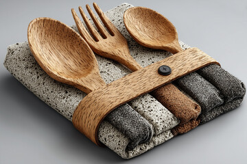 Wooden Cutlery Set with Napkin Mockup on White Background – Eco-Friendly Tableware Concept