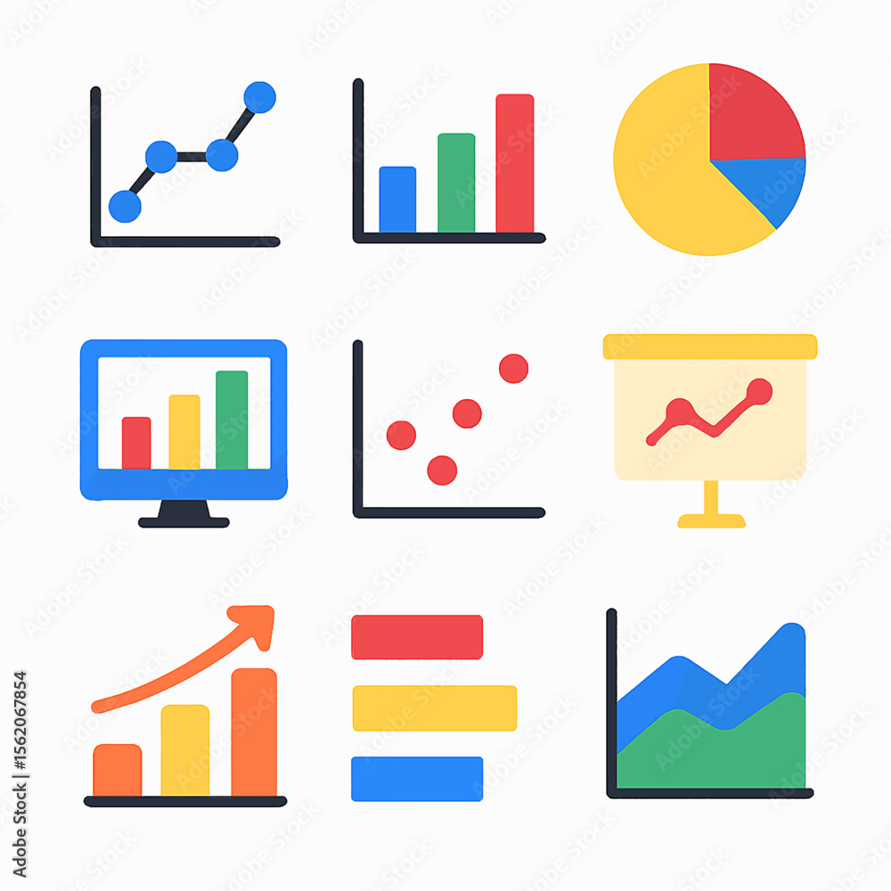 Poster diverse set of colorful data visualizations representing trends and statistical analysis