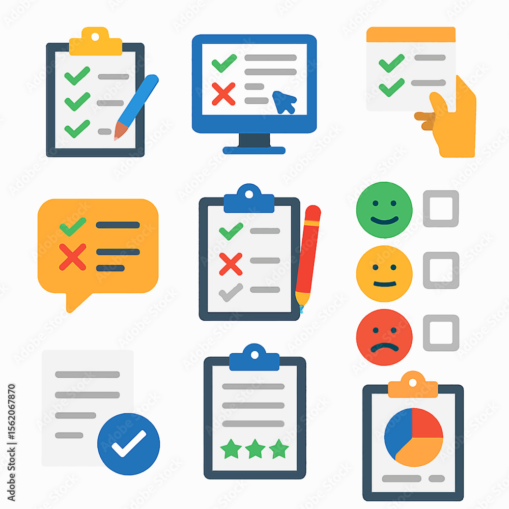 Poster diverse survey and feedback icons representing different evaluation methods and data analysis