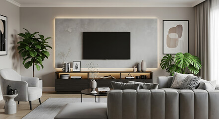 Modern living room with grey sofa armchair and large television mounted on a textured wall