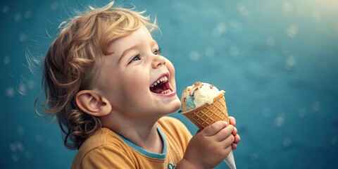 Joyful Child Eating Ice Cream Cone: Summer Fun, Sweet Treats, Childhood Memories