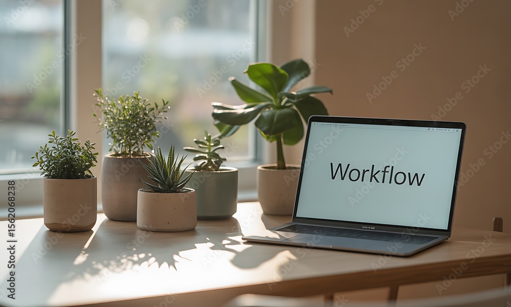 Poster sunlit workspace featuring a laptop displaying 