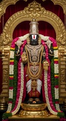 Divine Splendor: Lord Venkateswara Standing in Majestic Black Stone Form with Gem-Covered Kavacha and Crown