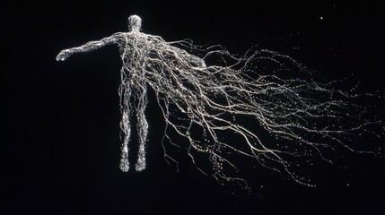 Glowing Neural Network Branching into Human Silhouette with Unexpected Connections to Body Systems - Abstract Representation of Neuroscience, Biotechnology Integration, and Futuristic Human-Machine