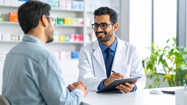 Pharmacist Consulting with Patient Wearing White Coat and Eyeglasses Taking Notes on Clipboard in Pharmacy Store With Green Plants Near Window