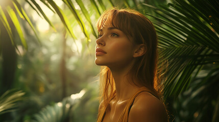Fototapeta premium Woman gazes upwards in lush greenery