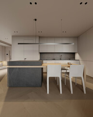 Modern scandinavian kitchen design with island and decor , 3d rendering 