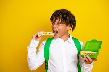 Smiling schoolboy holding lunchbox and sandwich ready for school day on a bright yellow background